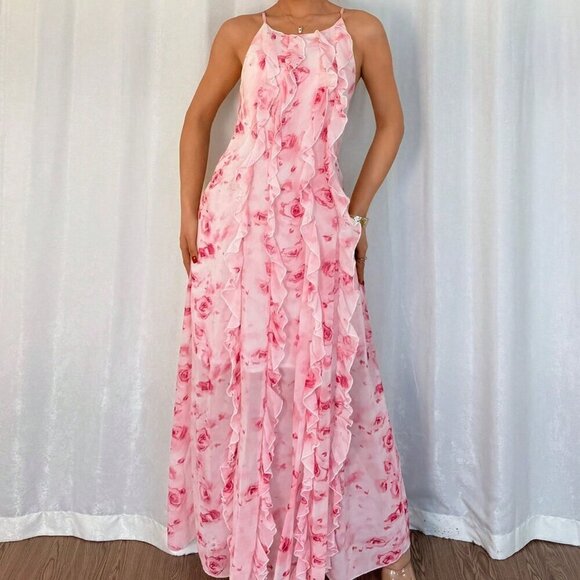 Pink Women's Elegant Ruffle Strap Floral Print Long Flowy Maxi Dress - Picture 5 of 7